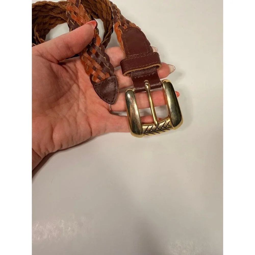 Chic Vintage Mens Braided Leather Belt Brown Gold Etched Buckle‎ Size Large Prep